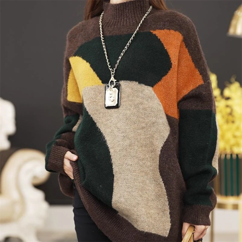 Winter Women Korean Retro Contrast Color Oversized Streetwear Knitted Sweater Half High Collar Long Sleeve Pullover Tops Jumpers