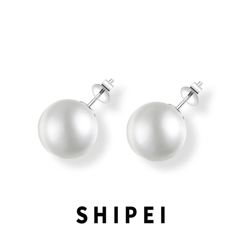 

SHIPEI Classic 925 Sterling Silver Round 14 MM Simulated Pearl Ear Studs Earrings Wedding Engagement Fine Jewelry Drop Shipping