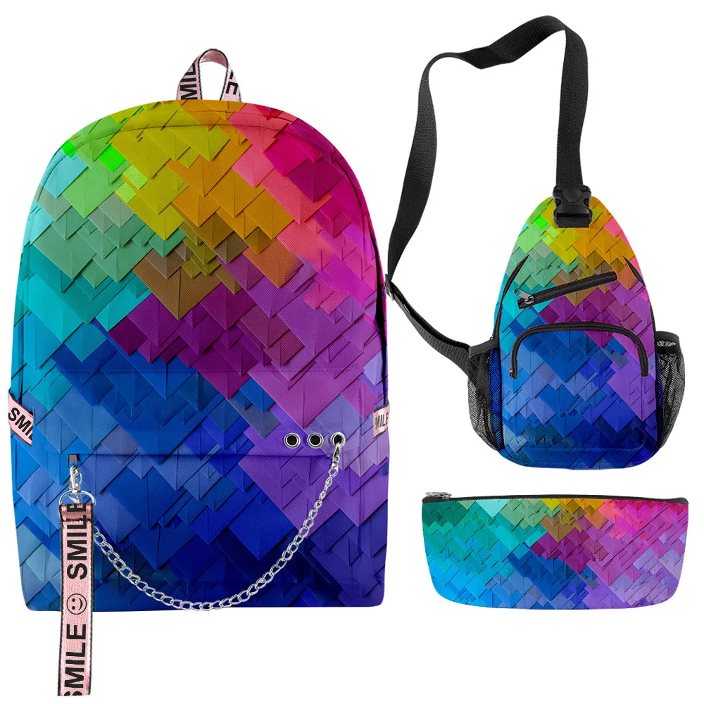 

Trendy Popular Funny Creative color blocking 3D Print 3pcs/Set School Bags multifunction Travel Backpack Chest Bag Pencil Case