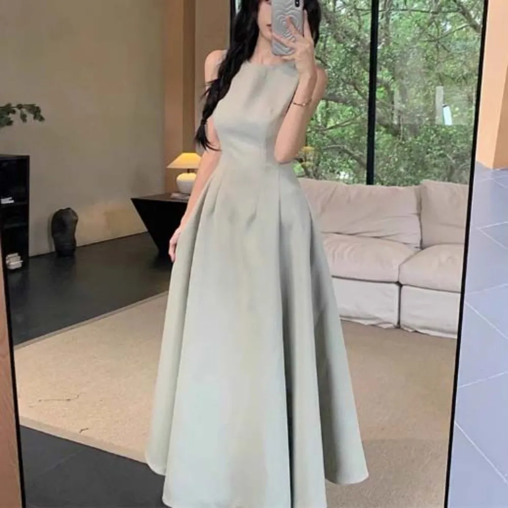 

U Neck Sleeveless Long Dress Sleeveless Vest Elegant Solid Color Long Skirt Temperament Long Women Korean Dress Girlfriend Gift
