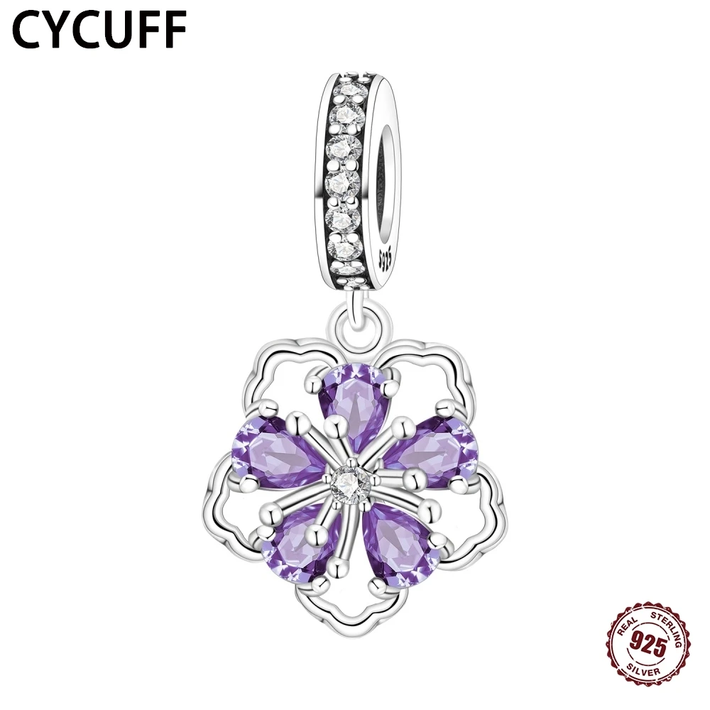 

CYCUFF 925 Sterling Silver Rotatable Purple Smart Blooming Pendant Charms Beads Fit Bracelets Party Decoration Fine Gift Jewelry