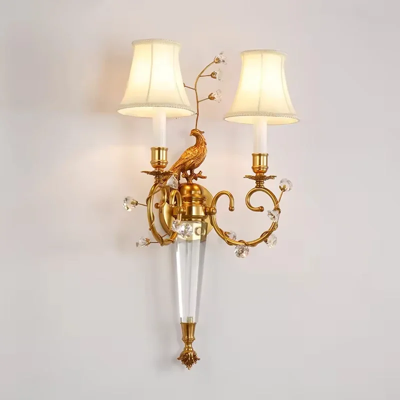 French Brass Bedside Wall Light Double Arm With Shade Sconce Classic Peacock Wall Lamp For Hotel Bedroom