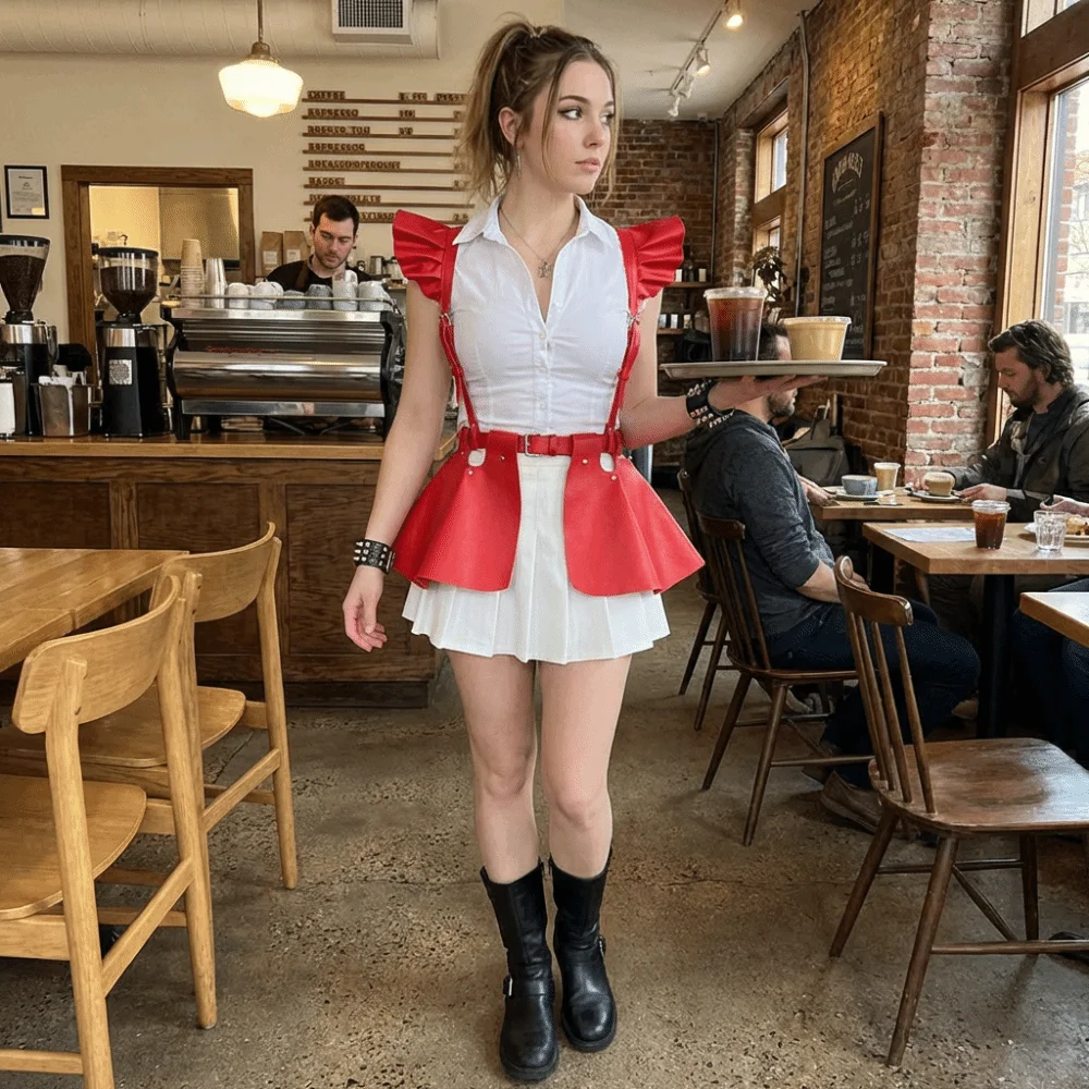 Fashion Sexy Cyberpunk Suspender Skirt Retro a-line Leather Corset Belt Cool Ruffle Hem Cosplay Bondage Costume Rock Stage Show