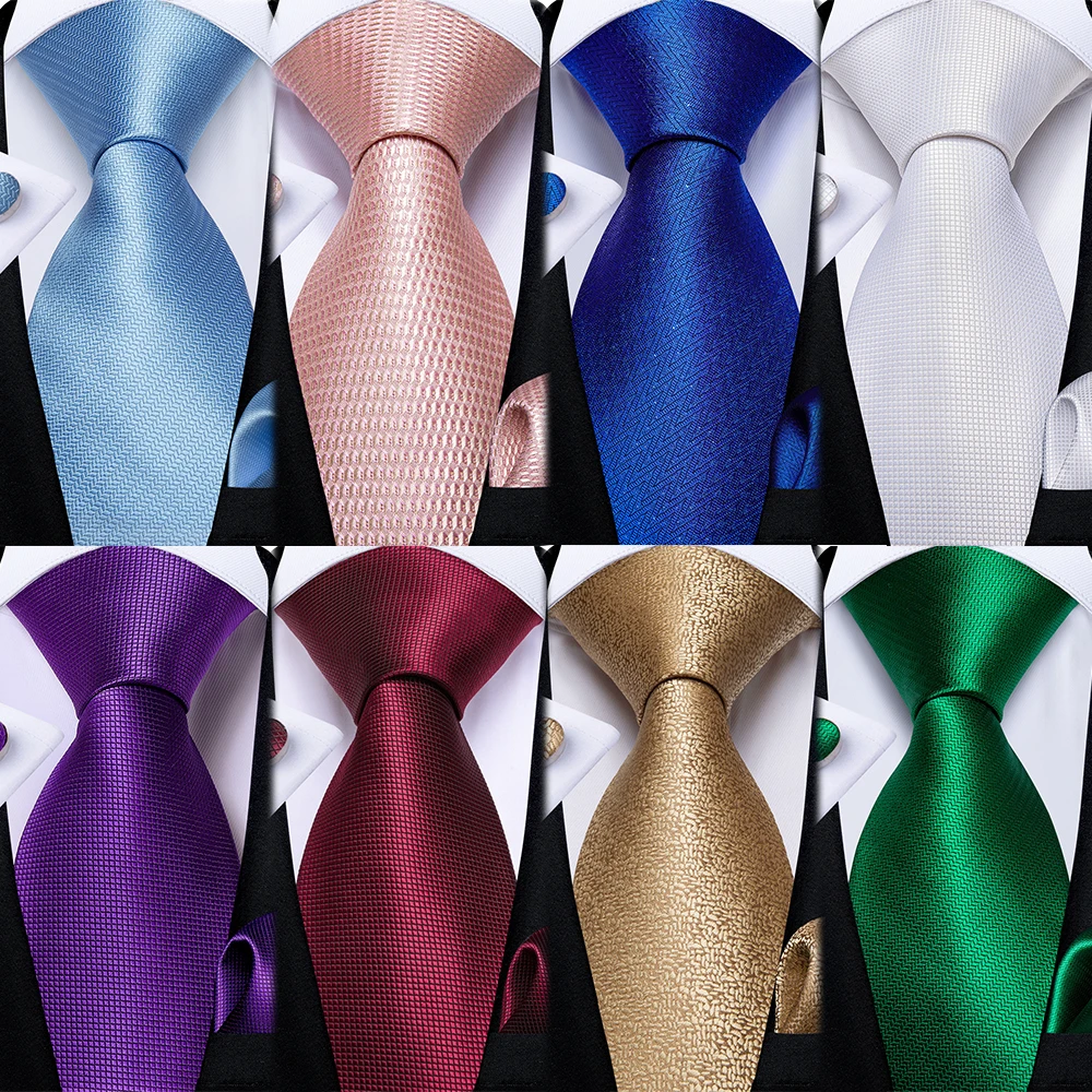 Solid Blue Red White Pink Ties For Men Luxury Wedding Party Men's Neck Tie Handkerchief Cufflinks Set Gift For Men DiBanGu