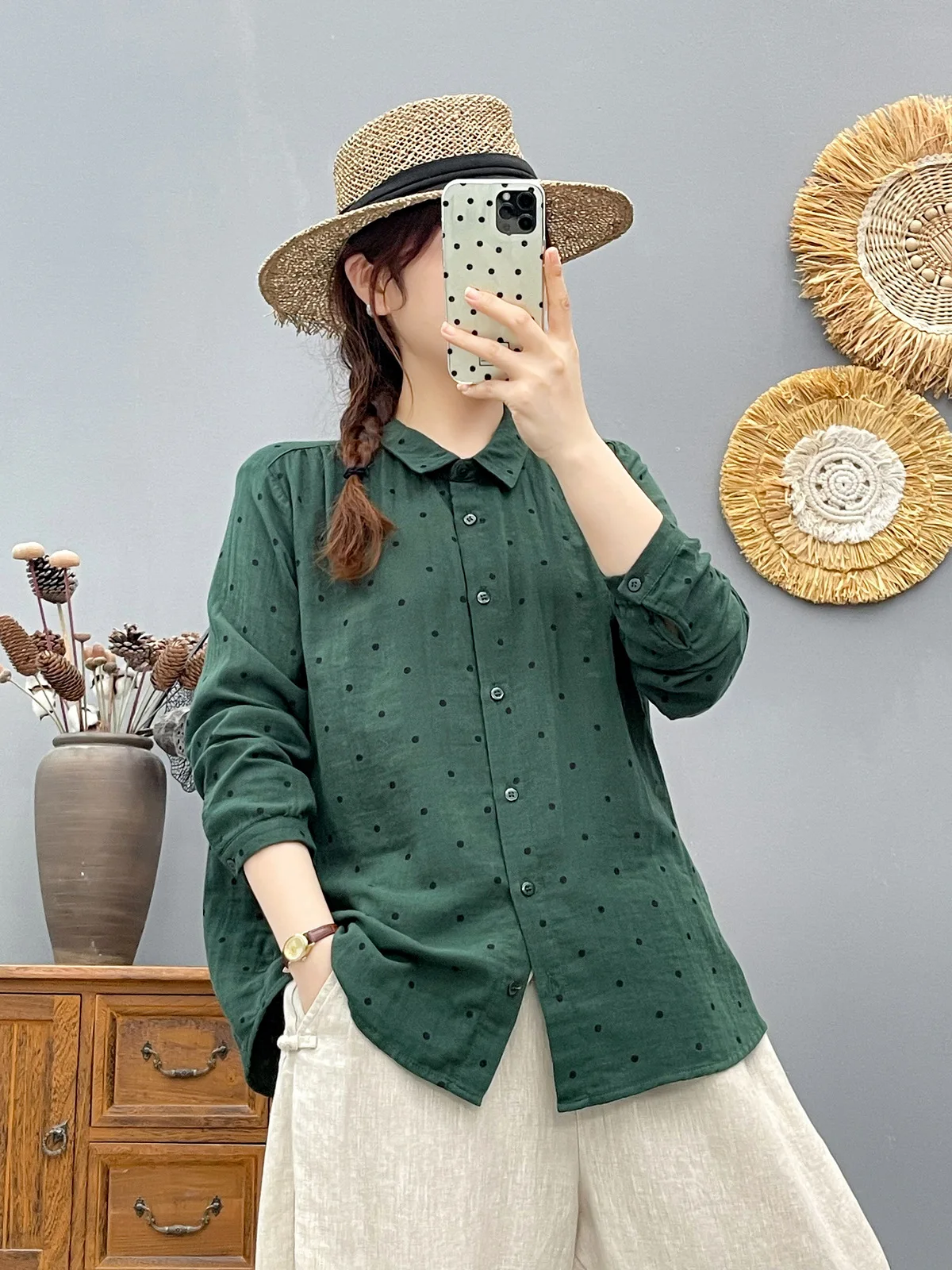 

Enianechu Elegant and Youth Women's Blouses 100% Cotton Yarn White Pink Green Polka Dot Print Shirts and Blouses Ladies Clothes