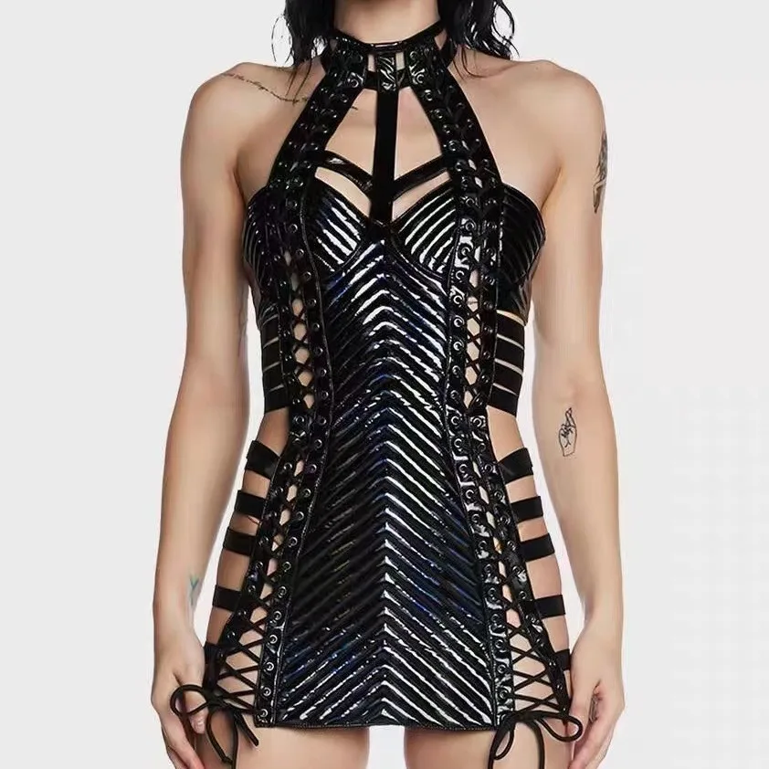 

Fashion Gothic skirt Leather cutout lace dress body chain