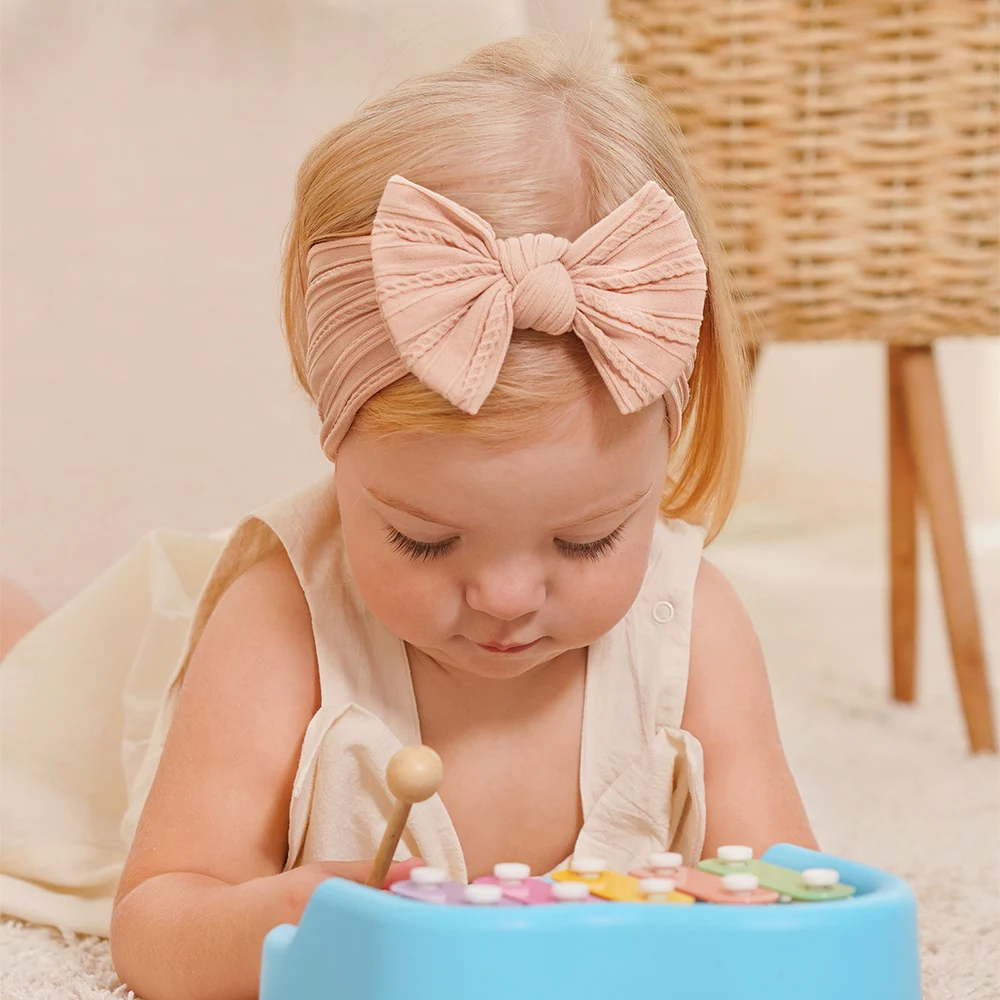 5pcs Baby Bows Headbands Set for Girls - Cable Knit Elastic Turban Hair Bands Soft Nylon Kids Headwear Hair Accessories