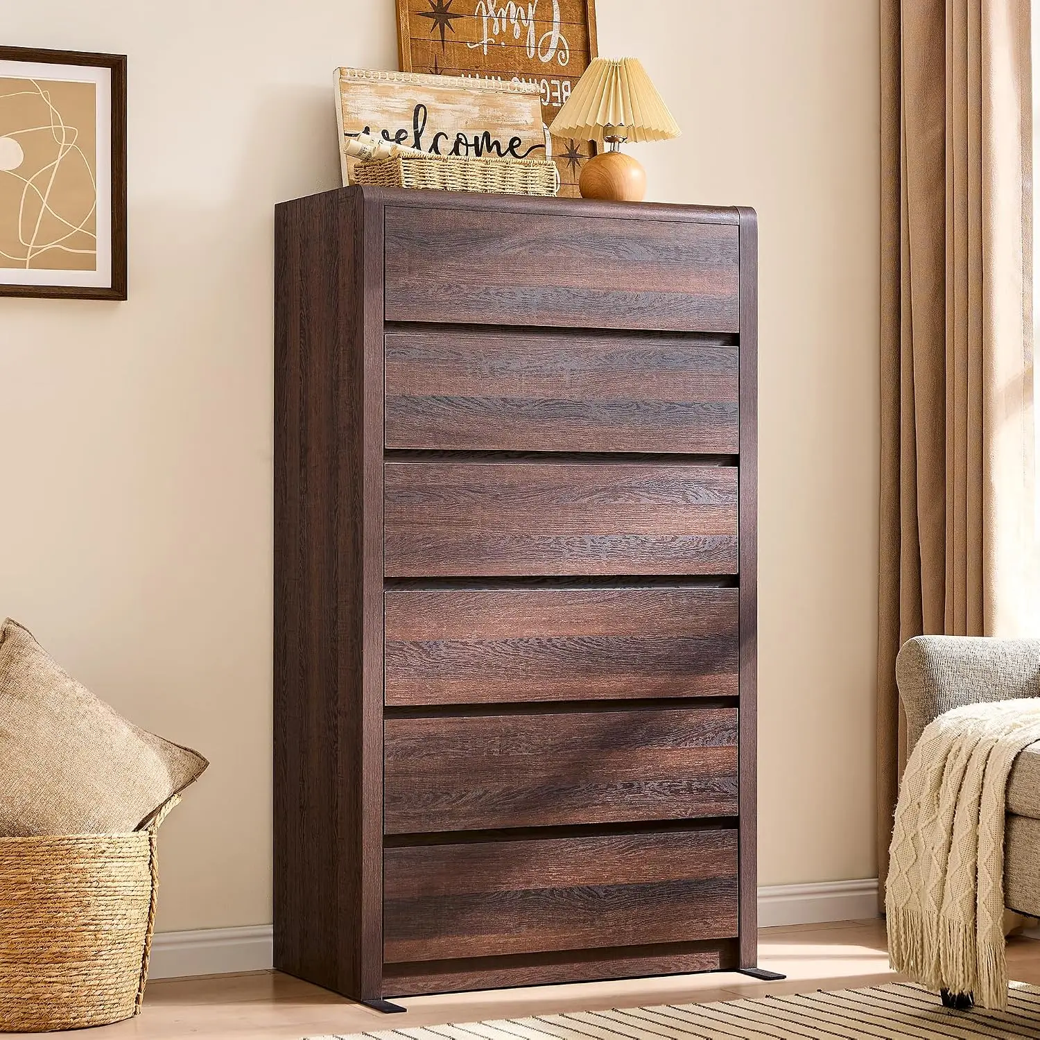 Modern 6-Drawer Walnut Tall Dresser, Wooden Bedroom Storage Chest, Curved Front Handleless Design, 55.6