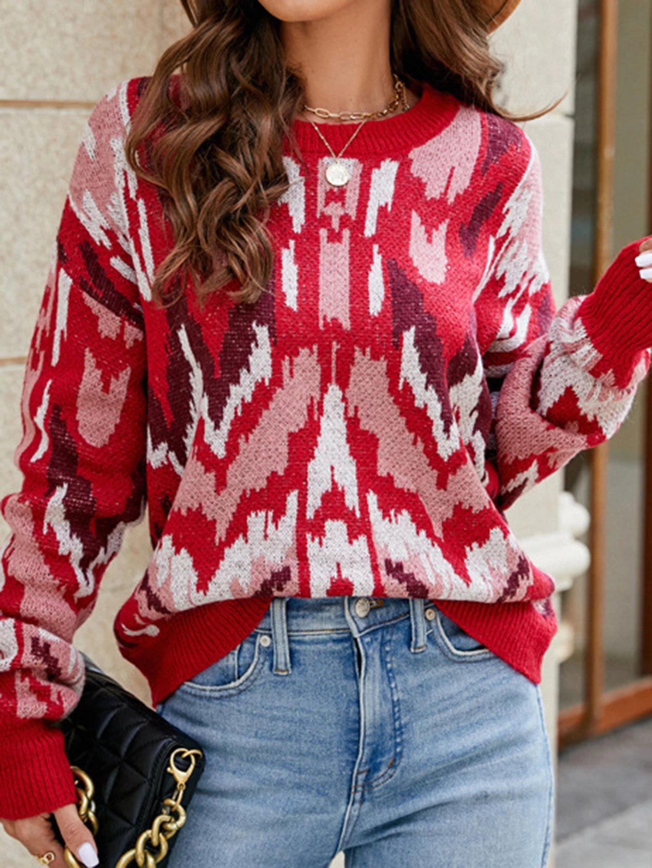 Women's Retro European American Style Pullover Sweater Contrast Color Jacquard Loose Long Sleeve Autumn Winter Top