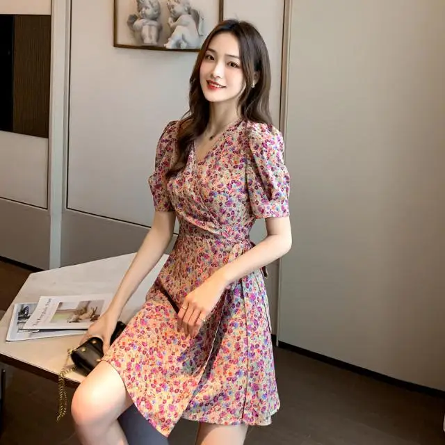 Puff Sleeve Chiffon Midi Korean Loose Summer Light Dress Floral Fashion Casual Elegant 2024 Women\'s Dresses Aesthetic Tunics