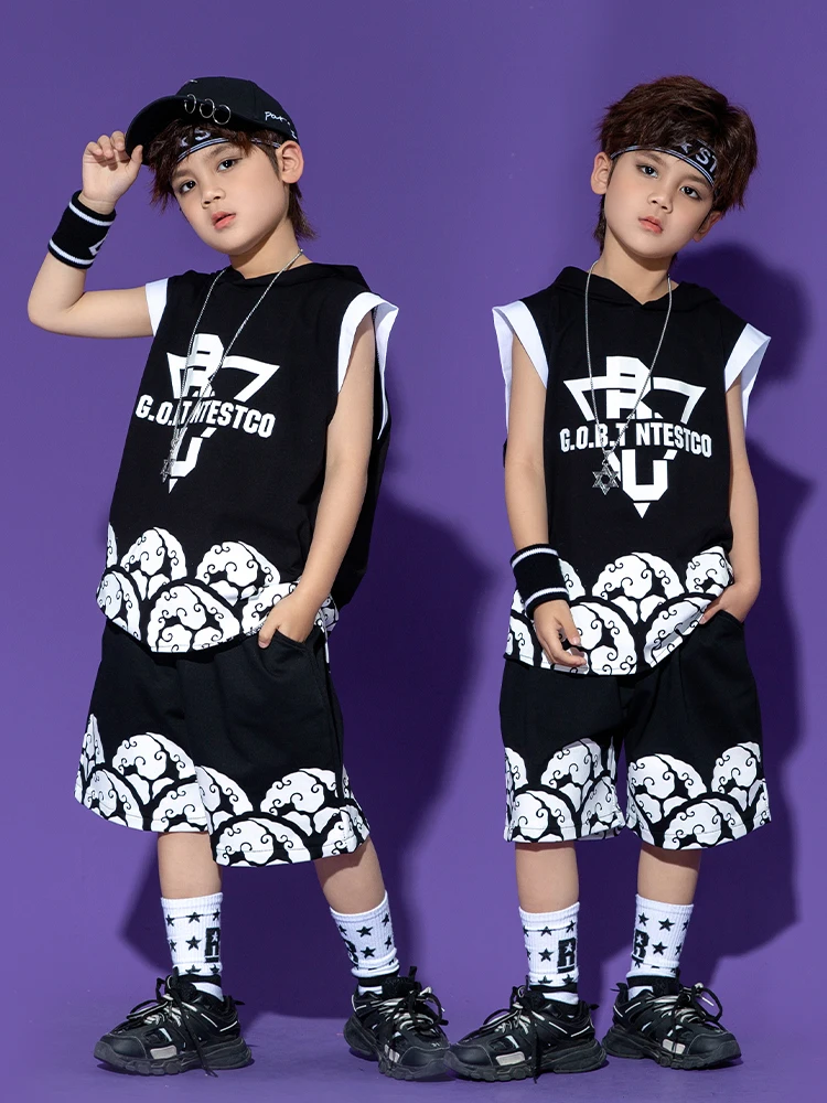 

2023 Summer Boys Clothes Hip Hop Costume Black Hooded Vest Shorts Black Street Dance Clothing Drum Jazz Performance Wear BL10744