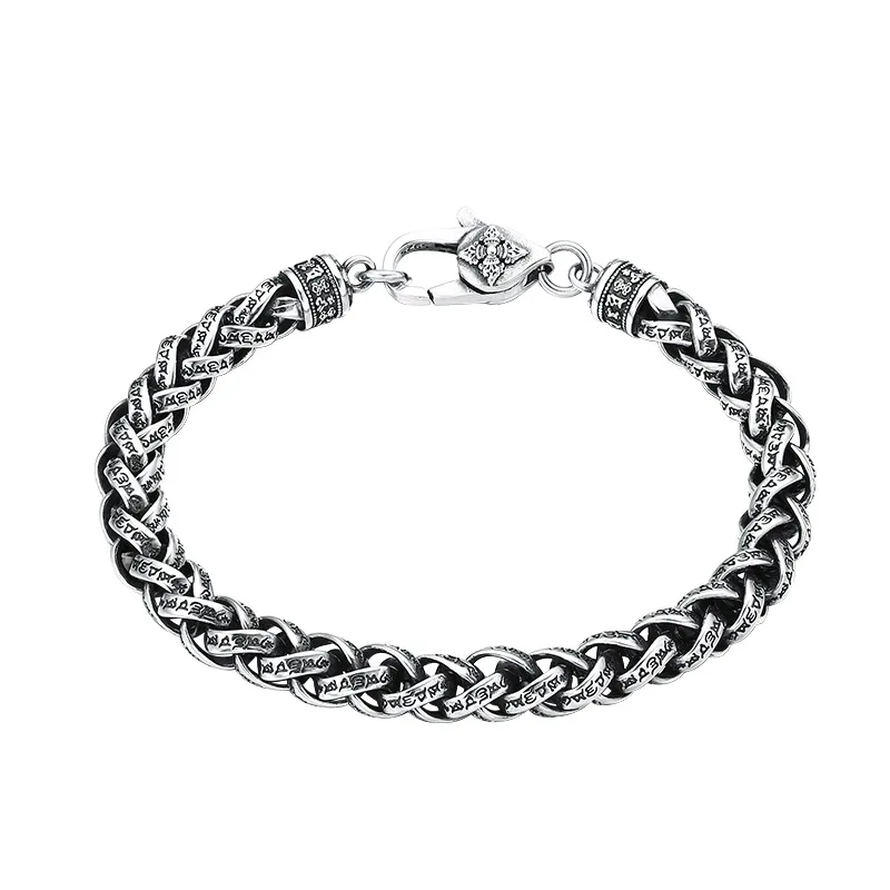 

Unibabe 18cm 20cm Sterling 925 Silver Six-character Mantra Bracelet Weaving Thai Silver Vintage Bracelet Jewelry