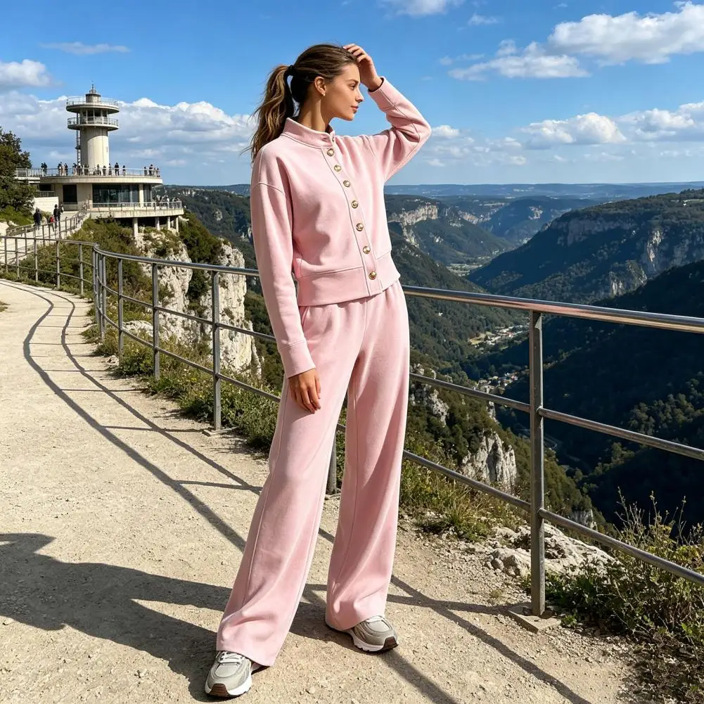 

Women Solid Stand Collar Single Button Short Cardigan High Waist Wide Leg Pants Loose Casual Fall Winter Commute Loungewear Set