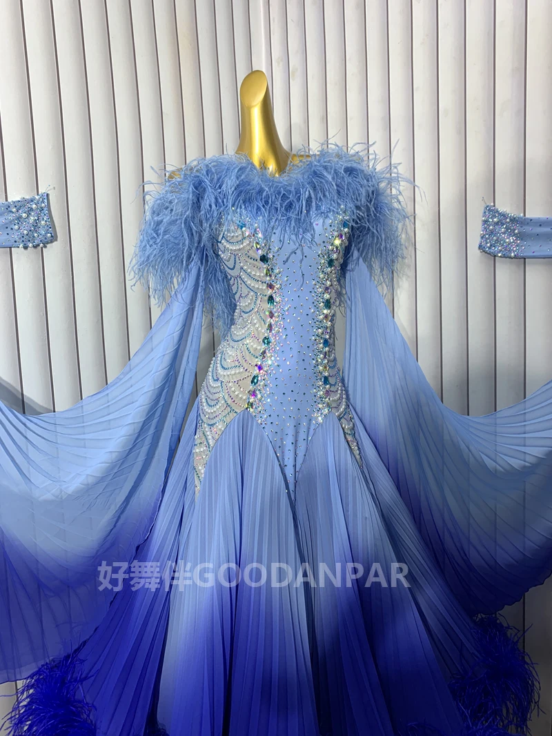 GOODANPAR New Standard Ballroom Dance Dress Women Girls Costume Lycra Waltz Stage ostrich feather gradient fabric