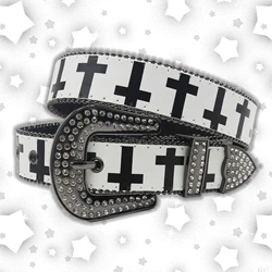 White T Rhinestone Belt Ladies Designer Belt Diamond Soldier Belt Western Cowboy Y2K Fashion Belt Hip Hop Graffiti Style