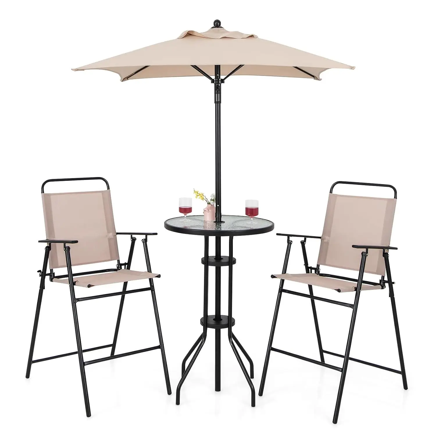 4-Piece Outdoor Bar Set, Round High Top Bar Table with 2 Folding Counter Height Chairs & Umbrella, Patio Bistro, Customized