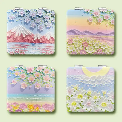 Miroir de maquillage portable, peint à la main, peinture à l'huile, miroir de vanité pliable double face, petit miroir cosmétique de poche pour filles, cadeaux