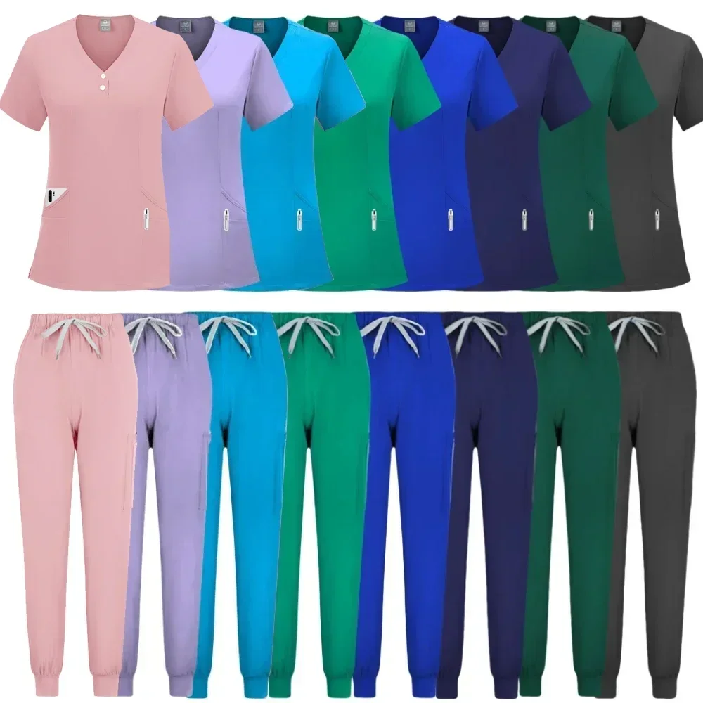 Nova moda salão de beleza spa workwear uniformes cirúrgicos mulher conjunto médico enfermeira clínica médico uniforme clínico calças superiores
