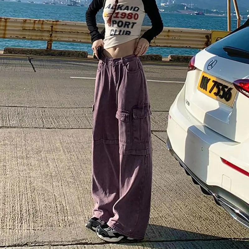 High Street Pockets Spliced Loose Trousers Female Clothing High Waist Cargo Pants American Wide Leg Safari Style Casual Jeans