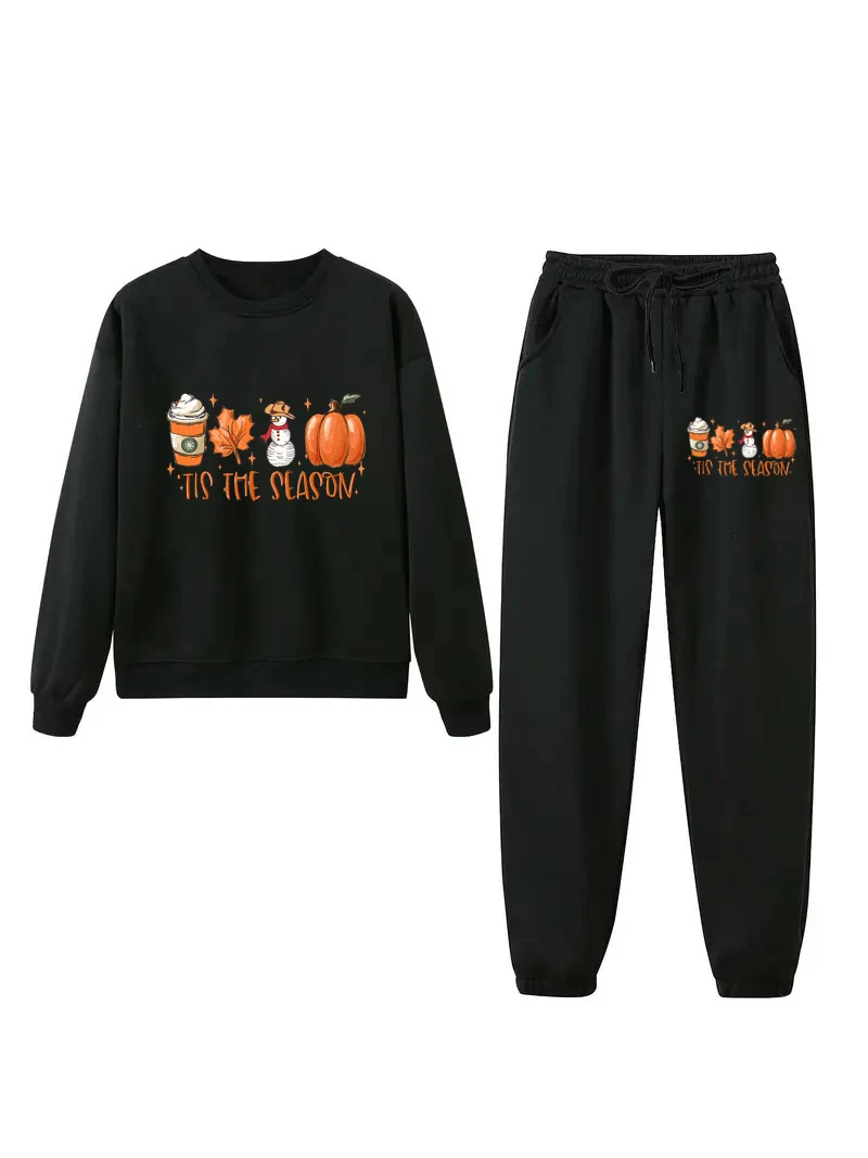 Winter Halloween print and cashmere 2-piece set, women's crew-neck hoodie elastic waist sweatpants set comfortable women