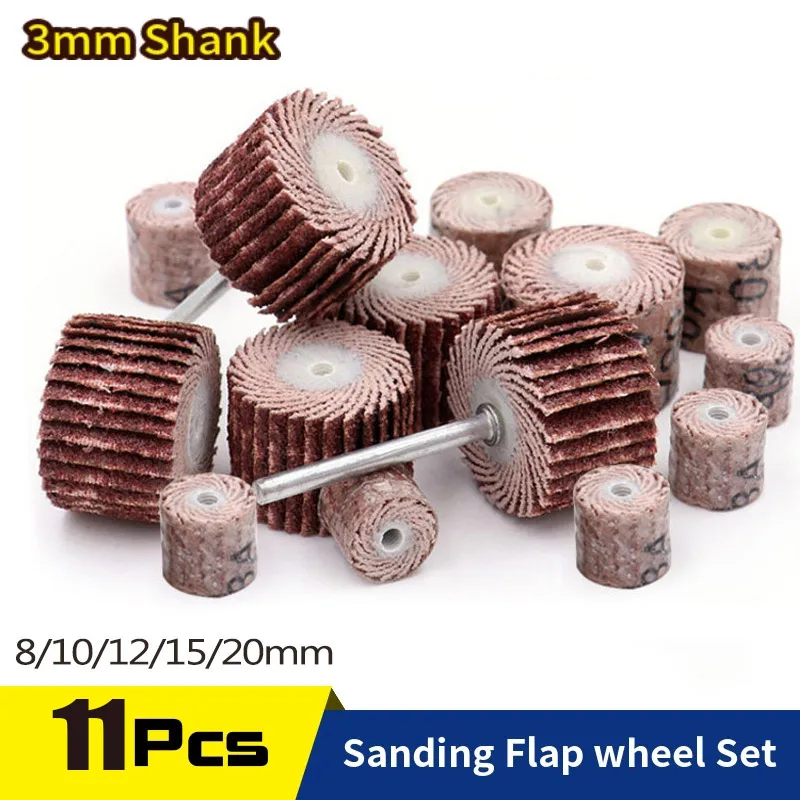 

11PCS Sanding Flap Set with 3mm Shank Grinding Wheel Head Sander Abrasive Tools Sandpaper Rust Removal for Dremel Rotary Tools