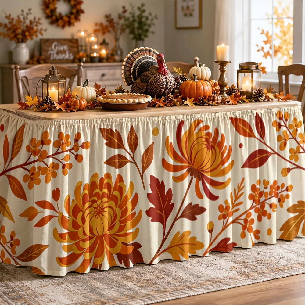 Table skirt / tableskirt, autumn floral design, warm tones, fallen leaf style, autumn decorationzyc