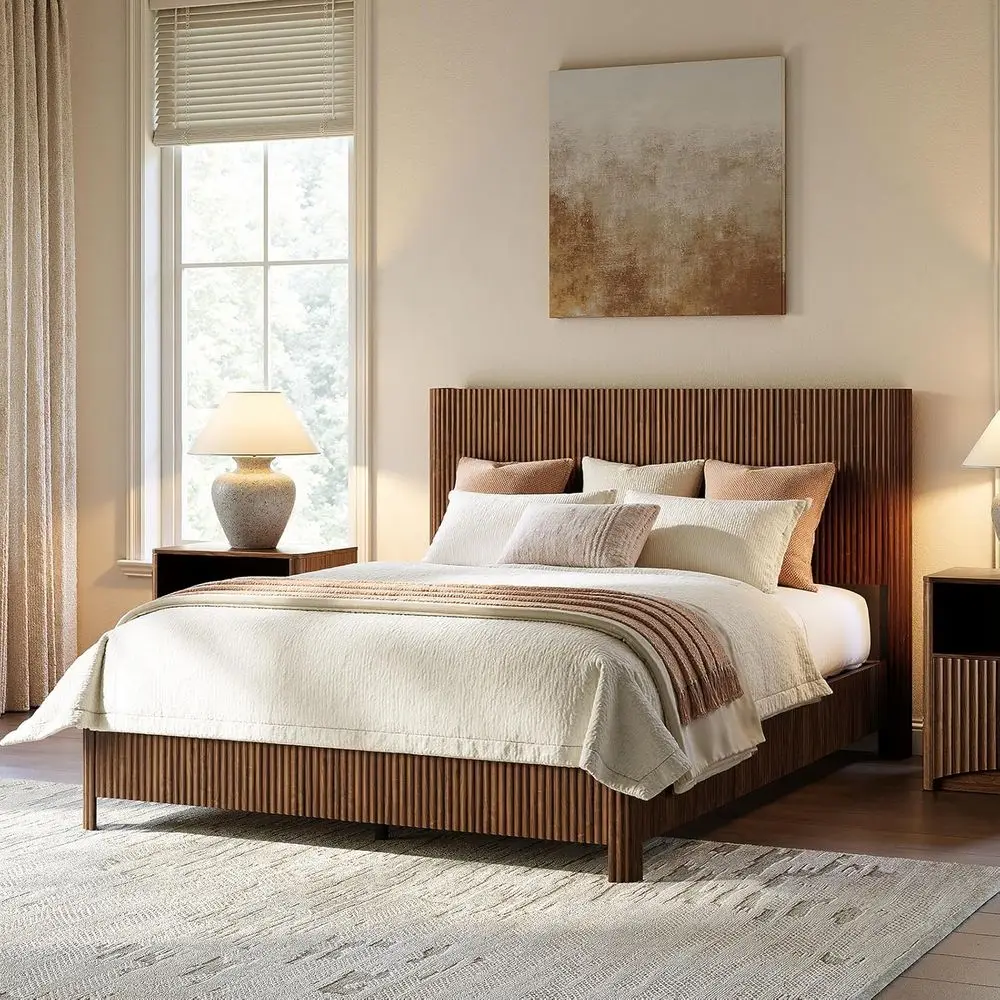 

Кровать-платформа размера Queen из орехового дерева с восточным дизайном, не требует пружинного блока.