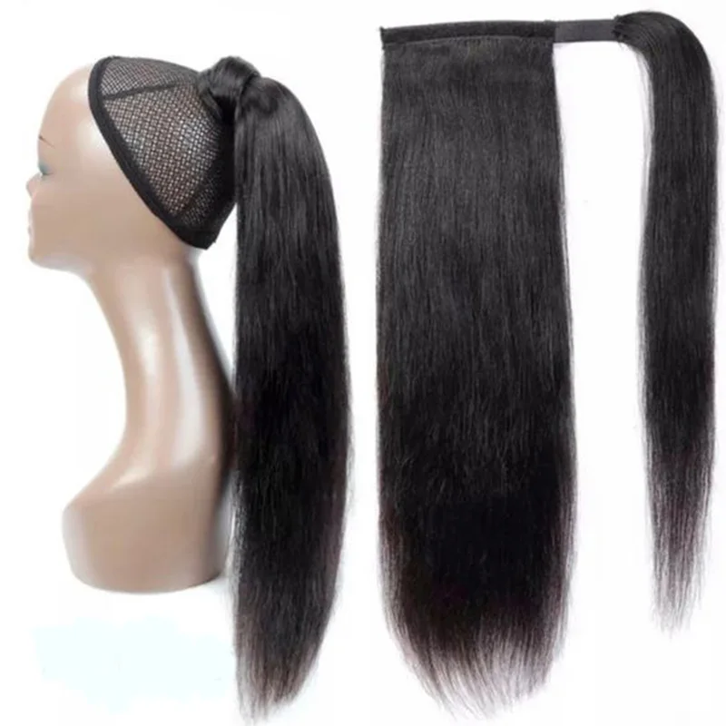 Brazilian straight Ponytail Humman Hair Extensions Wrap Around Ponytail Natural Black For women