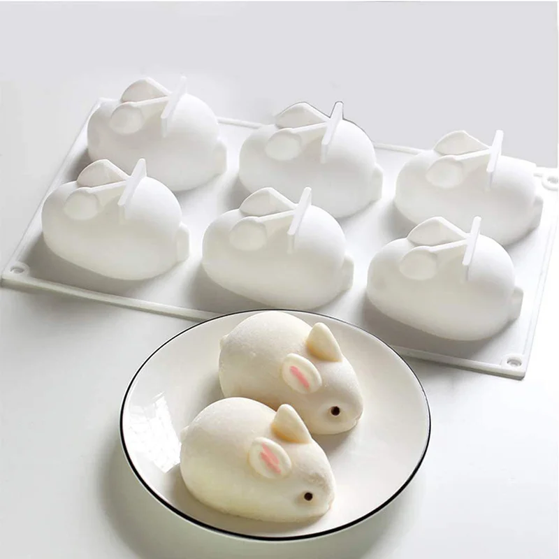 Silicone Rabbit Mold Fondant Bunny Mold Chocolate Cake Mold 6-cavity Mousse Cake Decoration Dessert Baking Mold DIY Candle Model