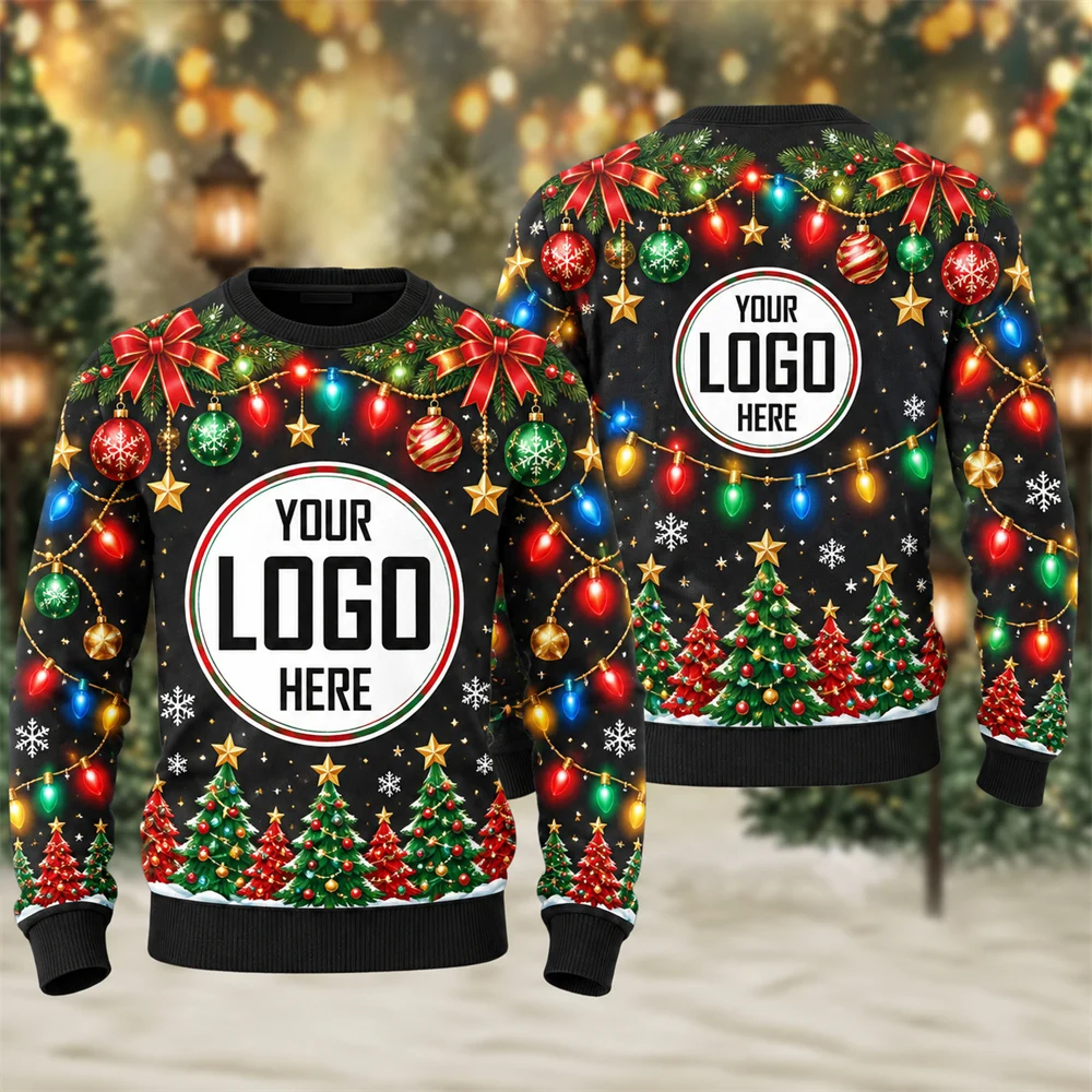 Christmas Ugly Sweater Custom Front Back Logo for Men 3D Print Reindeer Plaid and Xmas Tree Crewneck Pullover Sweatshirt Fashion