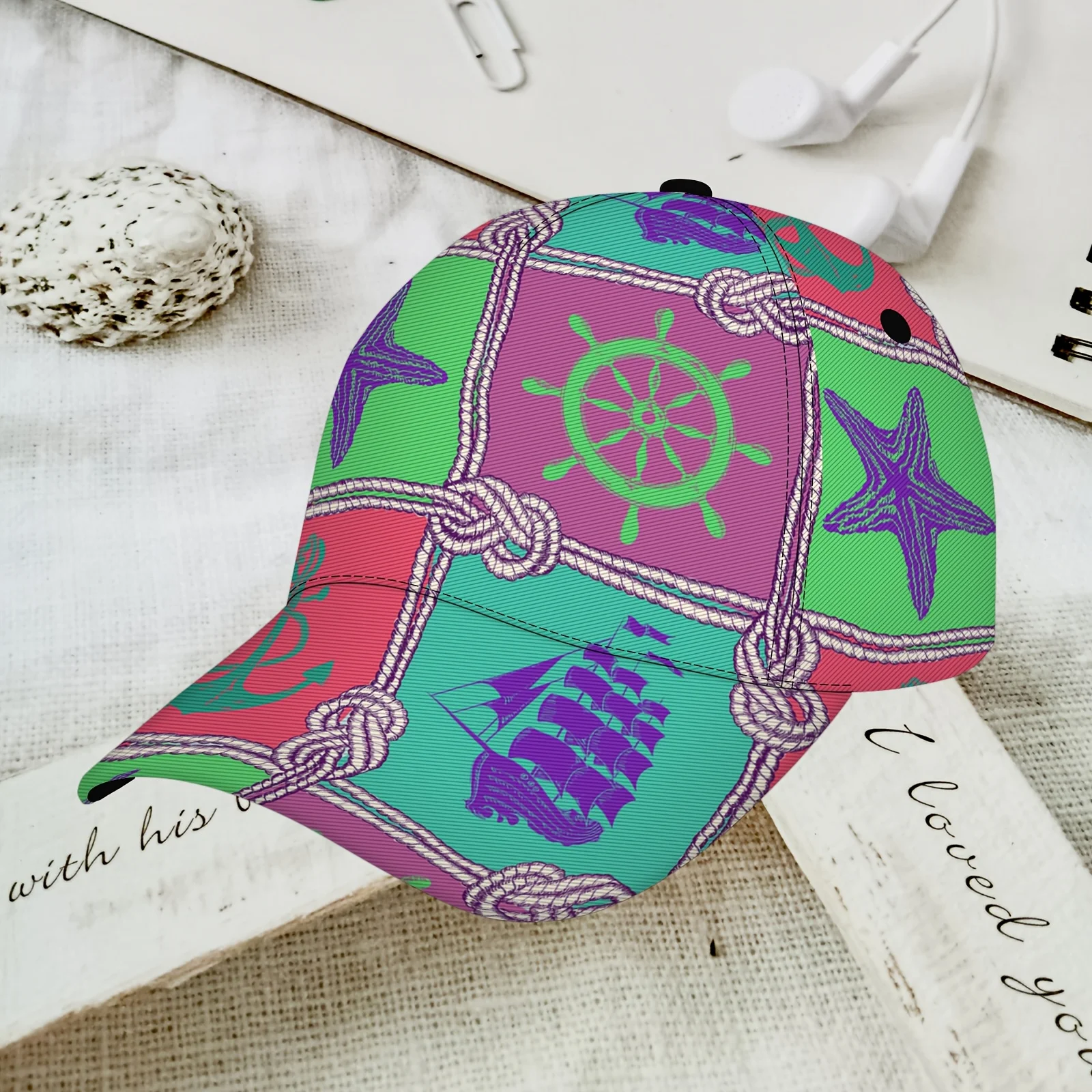 Nautical Patchwork Print Baseball Cap Colorful Starfish Anchor Pattern Adjustable Dad Hat Breathable Sun Hat for Men Women