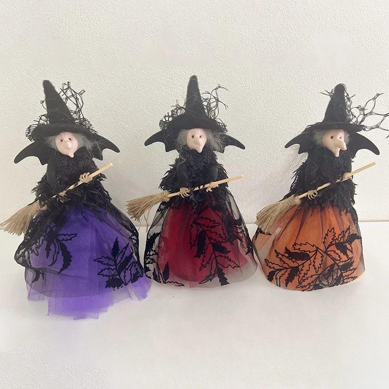 

Tree Top Star Halloween Witch Doll With Broom Cartoon Witch Figurines Home Desk Decoration Ornaments Halloween Party Supplies