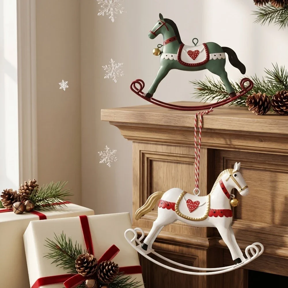 Vintage American-style Tin Rocking Horse Pendant with Print and Bell, Christmas Tree and Holiday Ornament for Decor Hanging