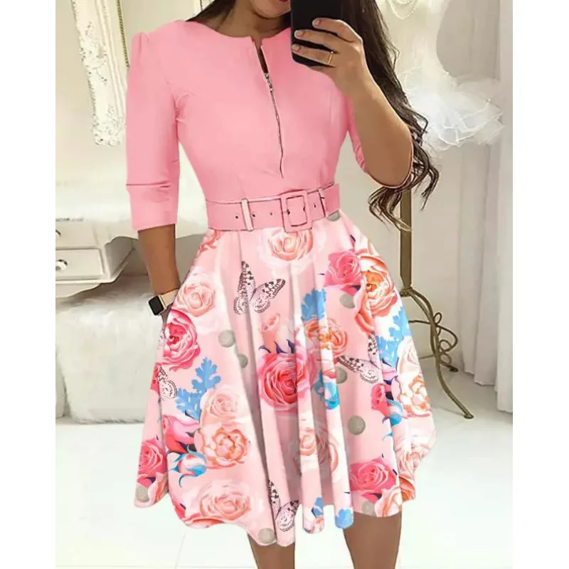 2023European and American Autumn and Winter Elegant Waist Zipper Medium Long Sleeve Printed Large Swing Dress Women's Clothing w