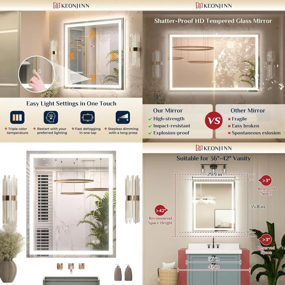 

3-цветное светодиодное зеркало для ванной комнаты с регулируемой яркостью, туалетный столик 30x36 дюймов с передней и задней подсветкой, противотуманное закаленное стекло, горизонтальное/вертикальное