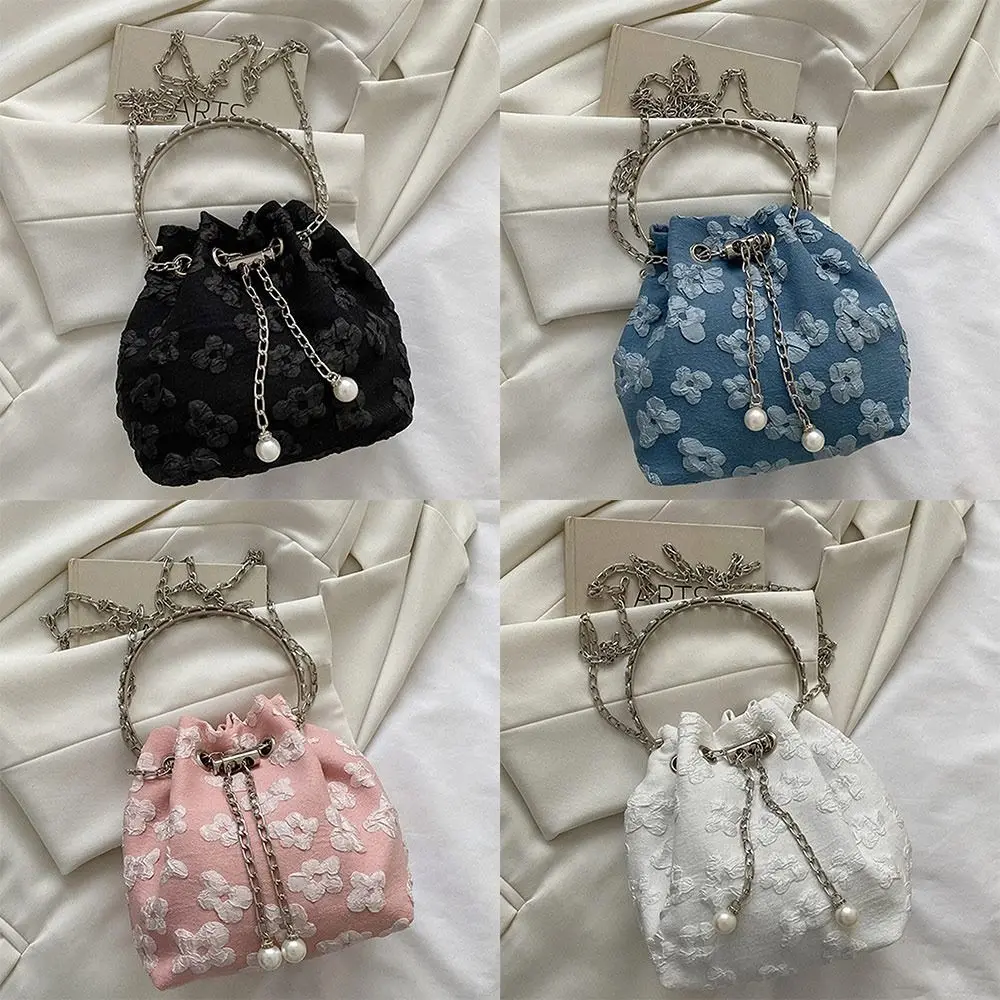 Fashion Shoulder Bags Fashion Circle Handheld Chain Drawstring Bucket Bag Pleated Floral Design Exquisite Crossbody Bag Ladies