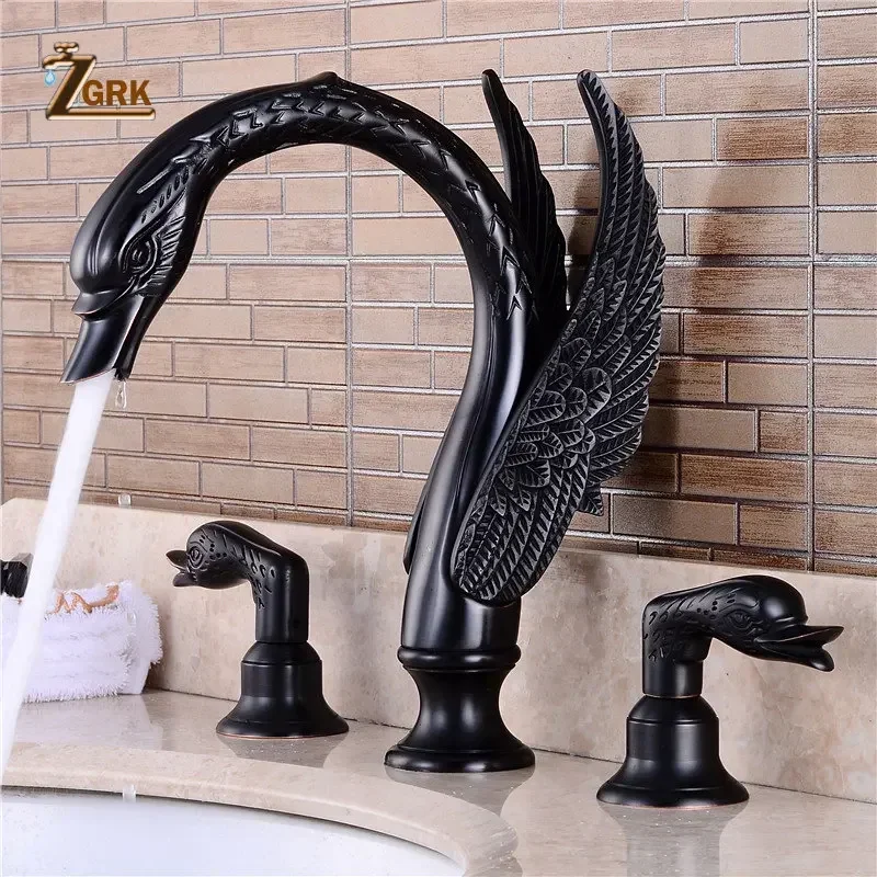 Gold Finish Bathroom Faucet 3 Hole Luxury Golden Swan Shape Basin Tap Dual Handle Deck Mount Three Pieces Faucet Set Solid Brass