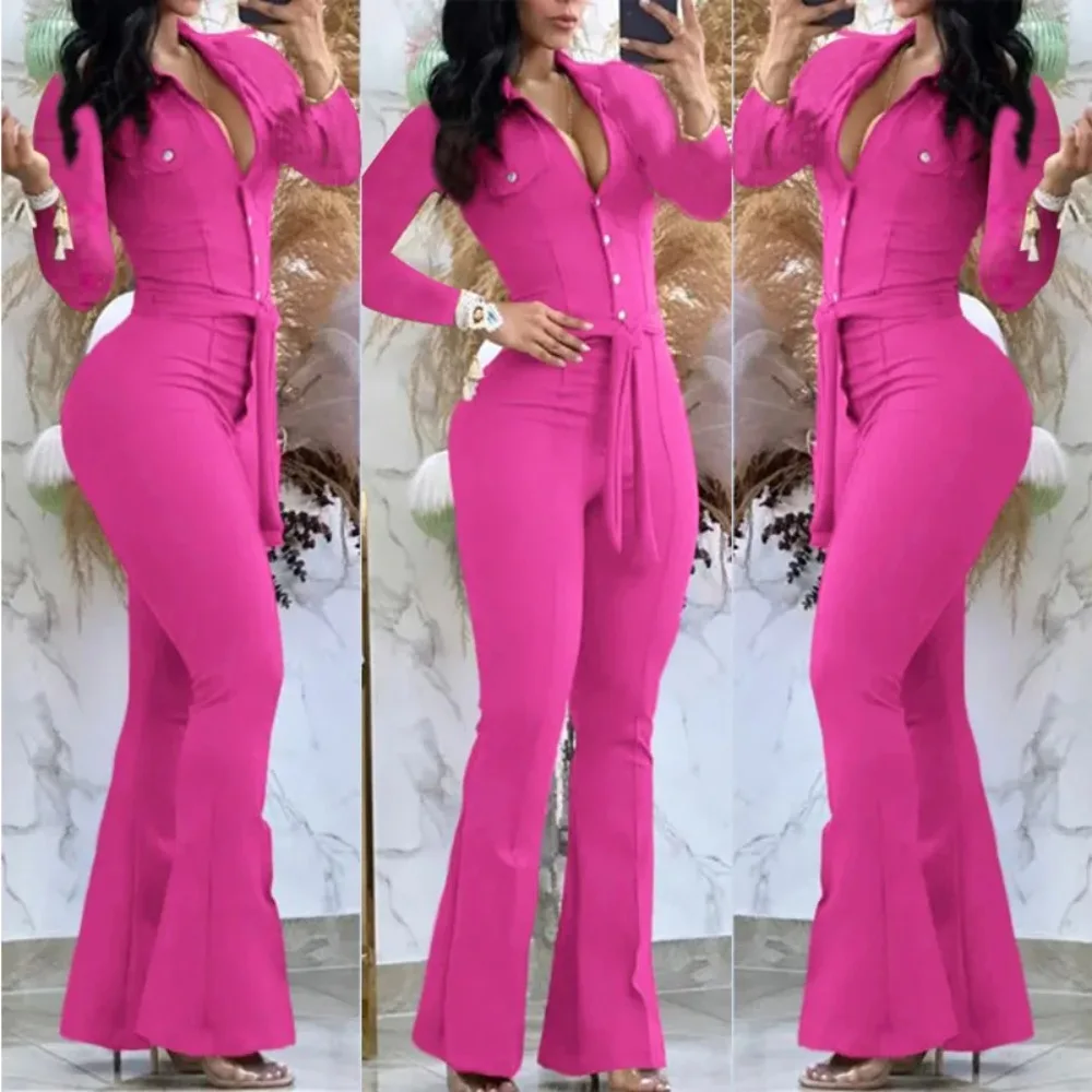 Women's Casual Flared Pants Jumpsuit, Monochromatic, Button Down, High Waist, Party Club, Night Out, Evening Jumpsuit with Belt