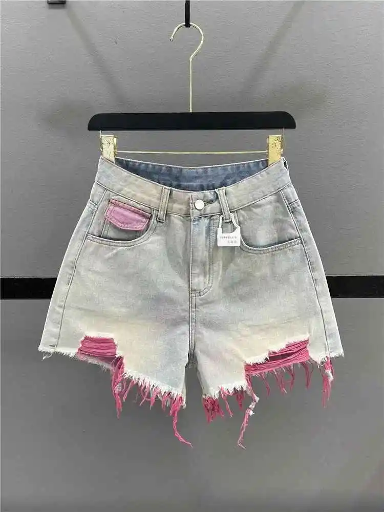 S-2XL Holes Women Short Denim Pants Summer New High Waist Pink Wide Leg Pant Zipper Fly Female Jeans Shorts