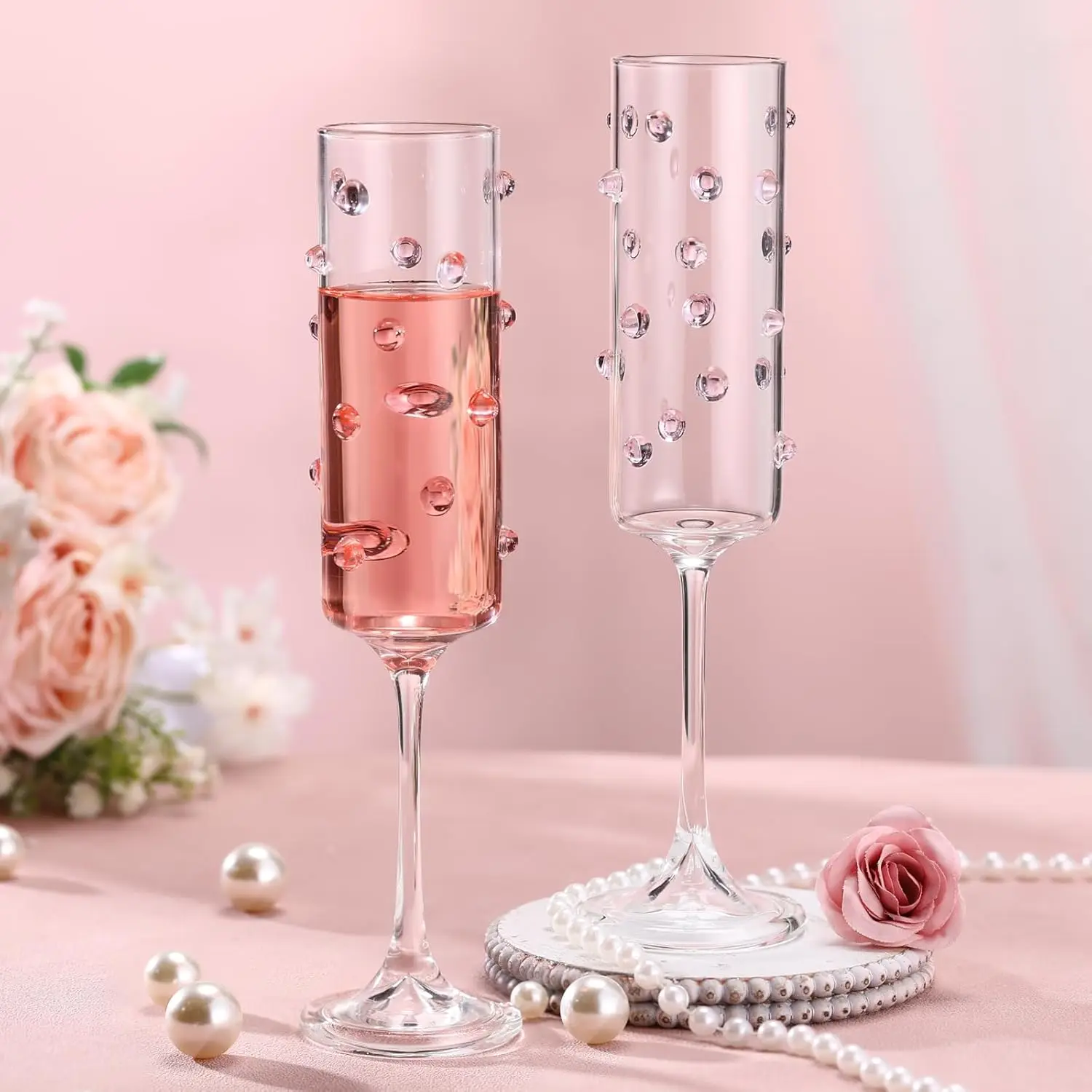 

2 Pack Pink Polka Dot Wine Glasses, 6 oz Thick Glass Champagne Set for Women - Christmas & Wedding Gift