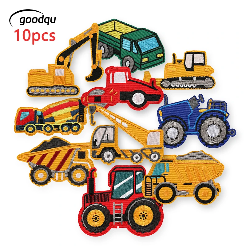 10pcs Car Excavator Patches For Jacket Iron On Clothing Anime Embroidered Engineering Vehicle Lots Patch Kids Sticker Sew Fabric