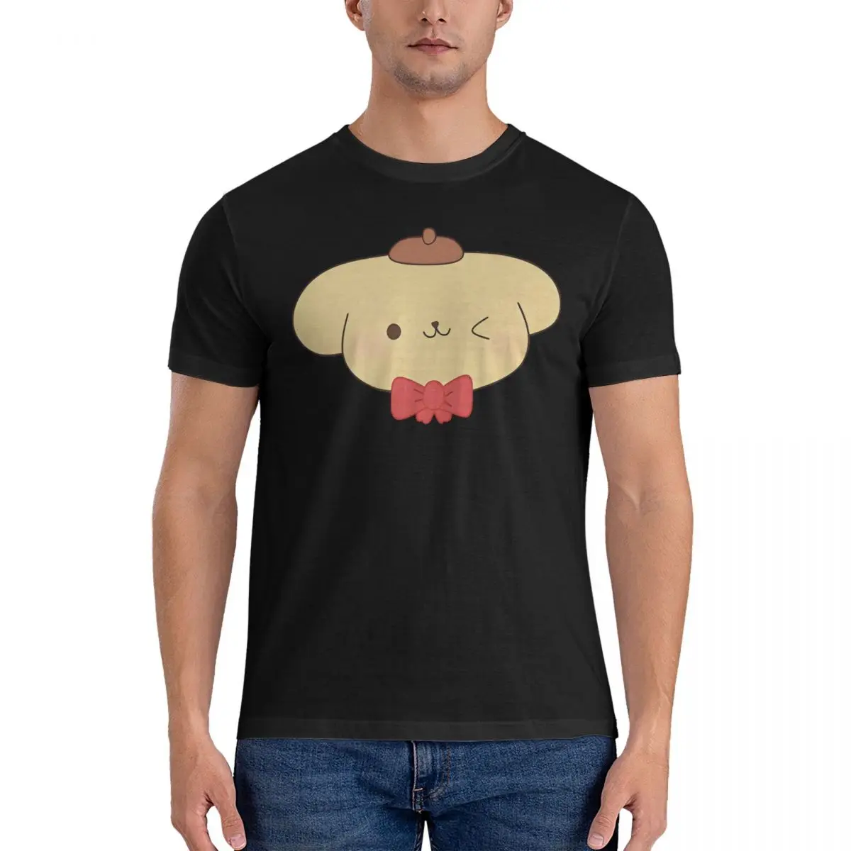 Sanrio Cartoon Character Men's T Shirts Pompompurin Novelty Tee Shirt Short Sleeve Round Neck T-Shirt Pure Cotton Clothing