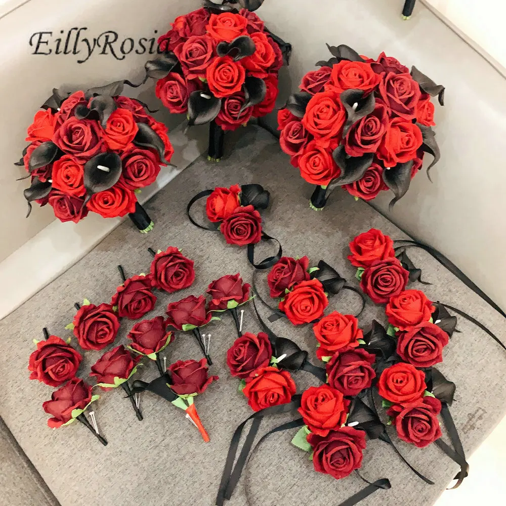 EillyRosia Black and Red Burgundy Wedding Flowers Accessories Set for Bride Bridesmaid Bouquet and Groom\'s Boutonnieres