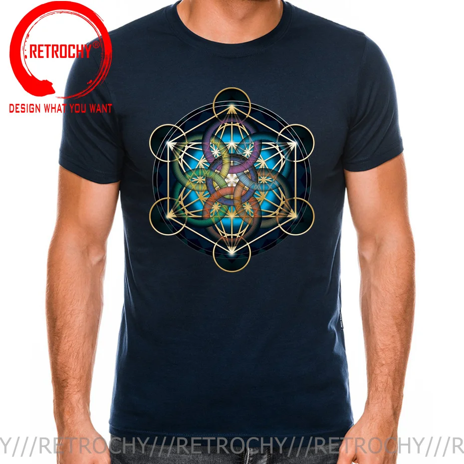 Galaxy Metatrons Cube Flower Of Life Tops T Shirt Men\'s Cotton Crazy T-Shirt Sacred Geometry Magic Mandala Tee Fitness tshirt