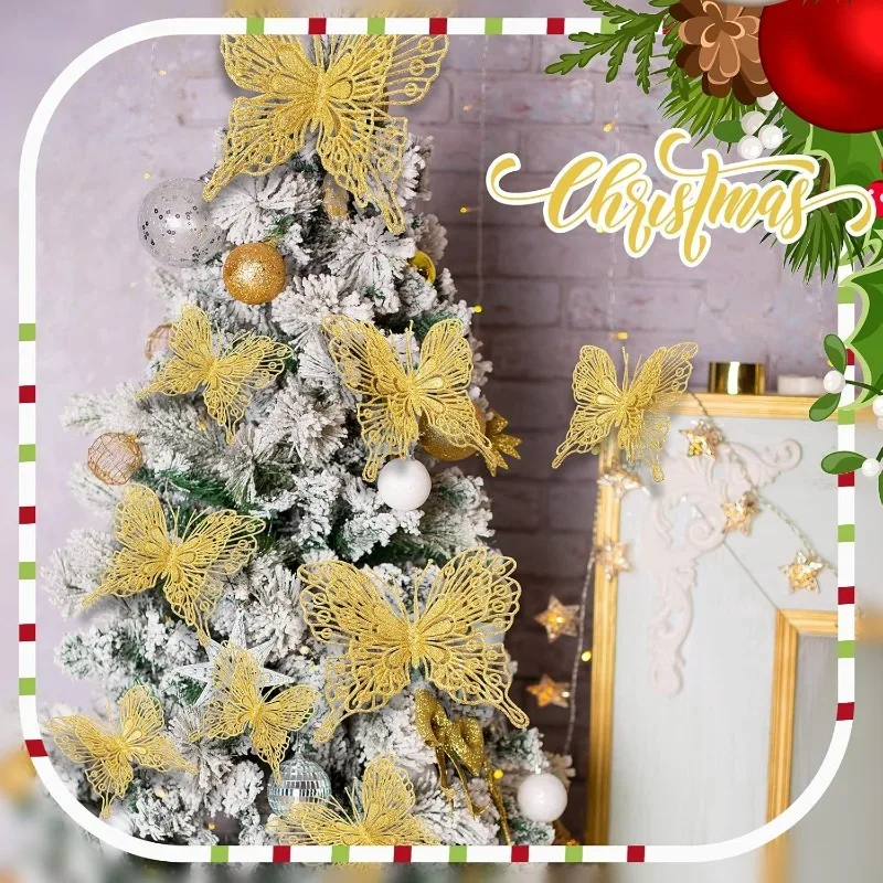 5/10 Stück glitzernde Schmetterlinge, Weihnachtsdekoration, Weihnachtsbaum, funkelnde Schmetterlinge, hängende Ornamente, Heimdekoration, Neujahr 2025, Geschenk – Detail 6