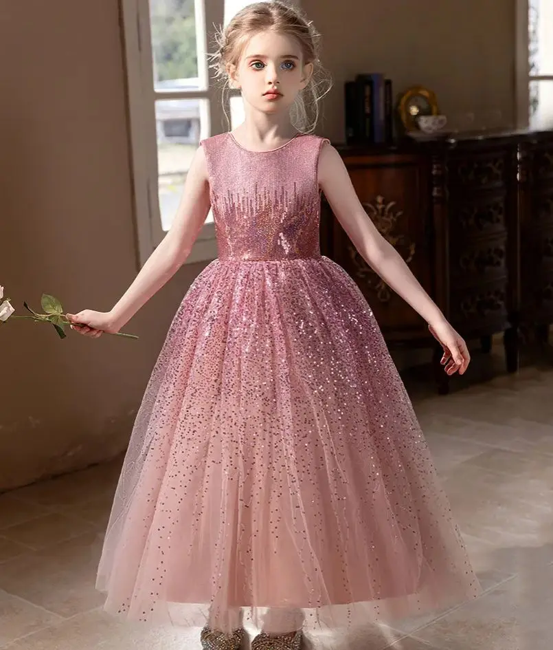 Girl Party Dress High-end Champagne Sequined Dress for Girls Birthday Shiny Dresses