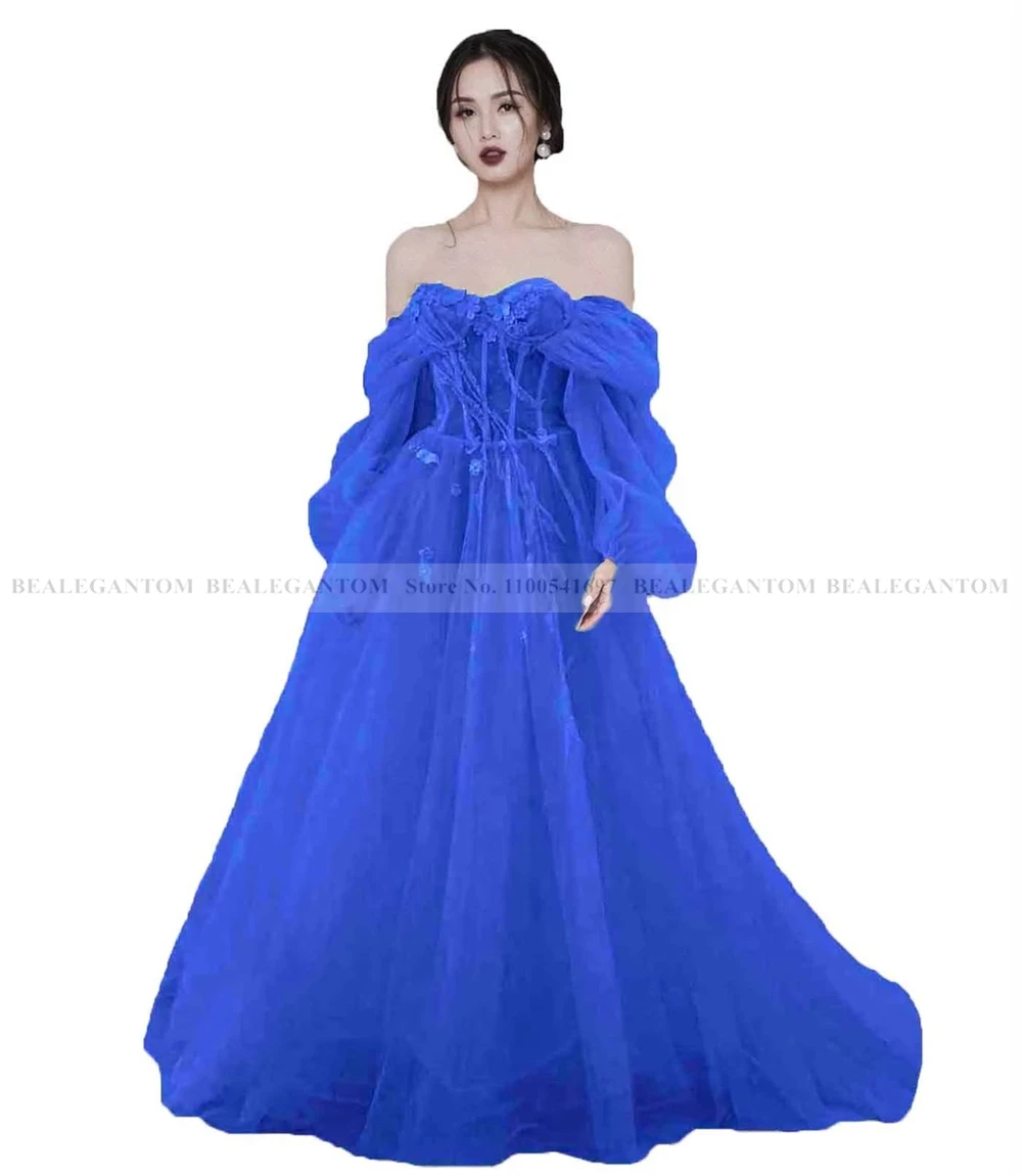 Bealegantom Sexy Bohemia Off Shoulder Prom Dresses Tulle Long Sleeves Formal Occasion Evening Party Gown Robes De Soiree QA205