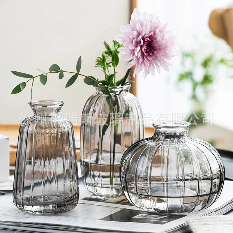 

Small Glass Flower Vase Transparent Ribbed Narrow Neck Japanese Style Light Luxury Tabletop Centerpiece For Home Office For Her