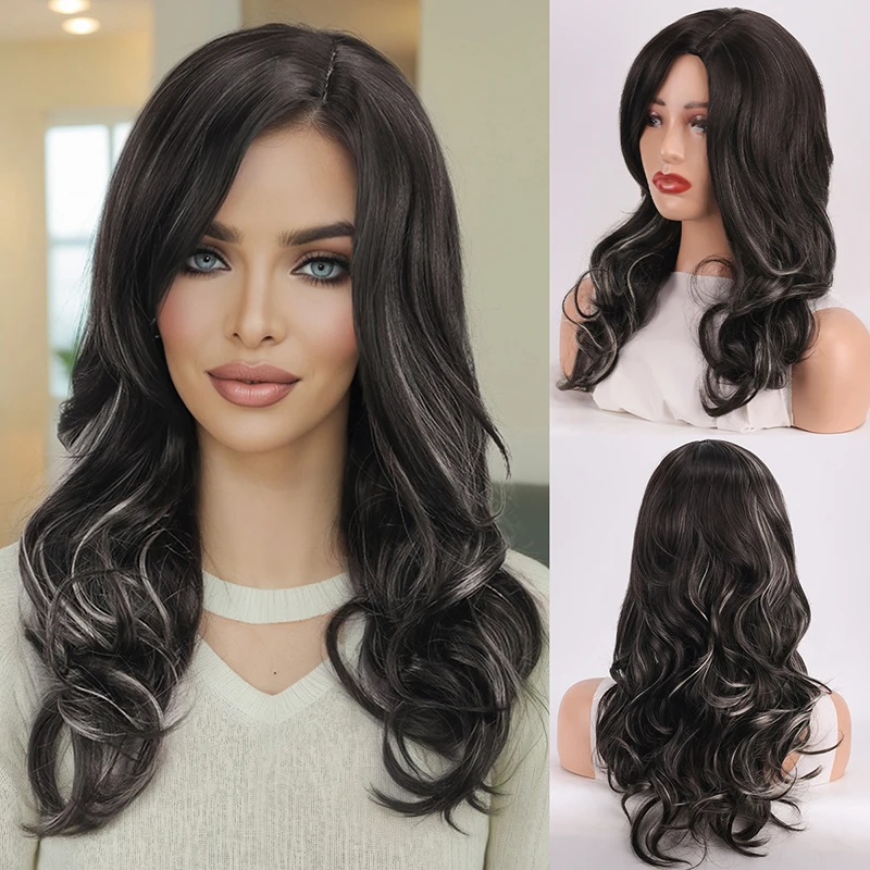 

Полный головной убор женского синтетического парика со средним пробором и естественным волнистым стилем; Бесшовный и реалистичный парик для ежедневного использования