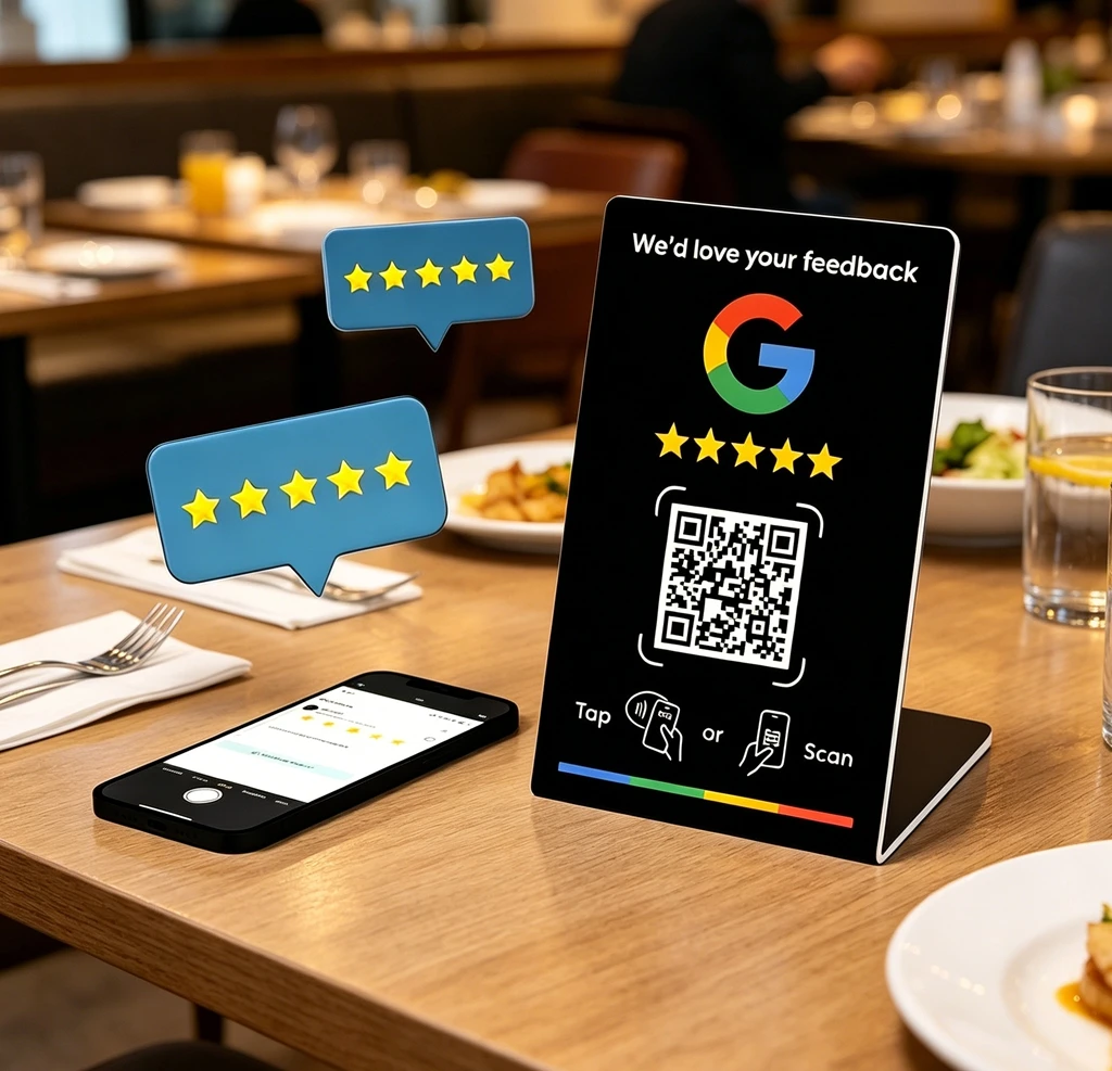 Programmable NFC215 for Google Review Card NFC Station Table 13.56Mhz QR code can be independently set to link Standing Card